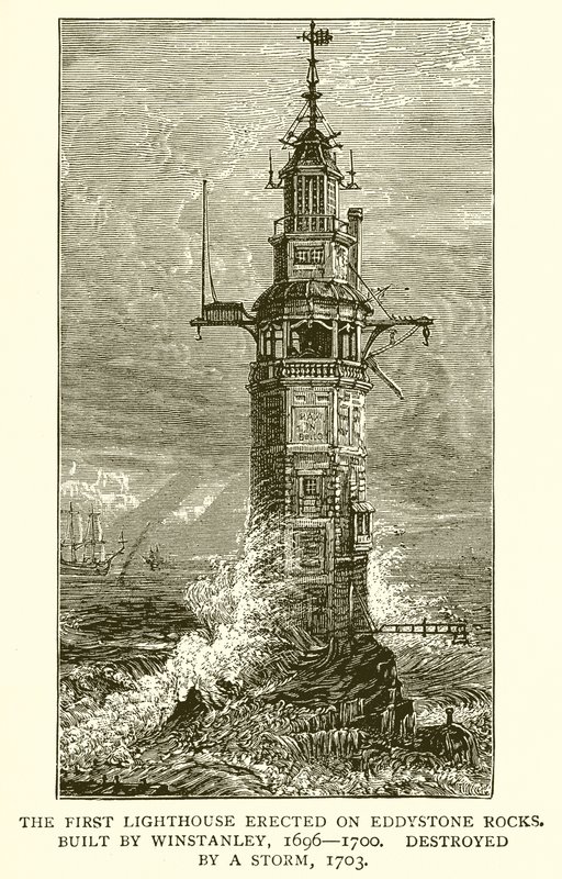 The First Lighthouse Erected on Eddystone Rocks. Built by Winstanley, 1696-1700, Destroyed by a Storm, 1703 by English School