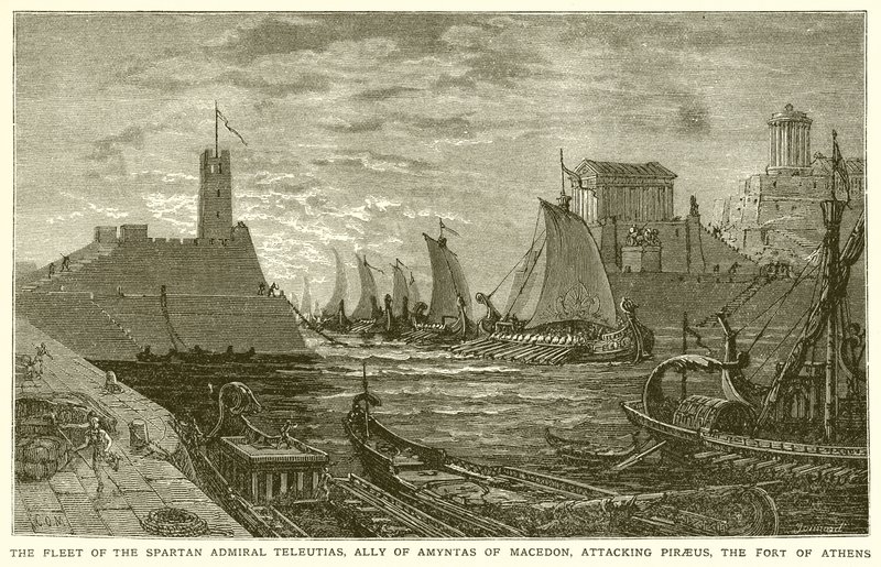 The Fleet of the Spartan Admiral Teleutias, Ally of Amyntas of Macedon, Attacking Piraeus, the Fort of Athens by English School