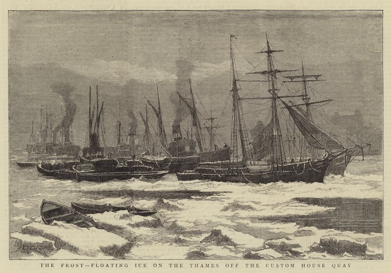 The Frost, floating Ice on the Thames off the Custom House Quay by English School