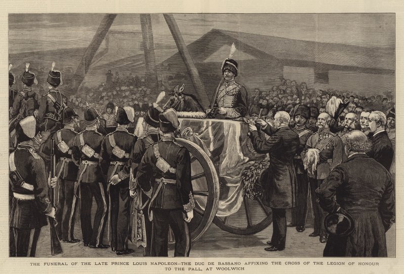 The Funeral of the Late Prince Louis Napoleon, the Duc de Bassano, affixing the Cross of the Legion of Honour to the Pall, at Woolwich by English School