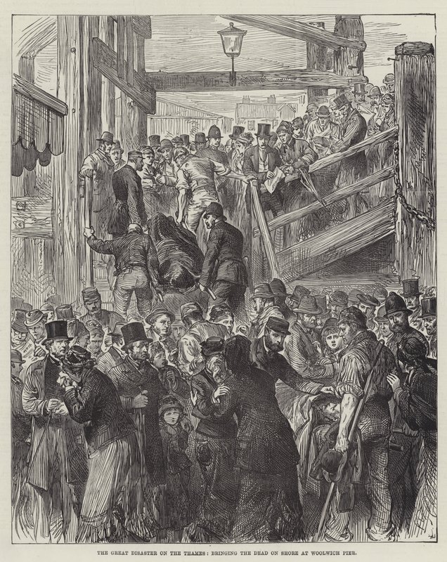 The Great Disaster on the Thames, bringing the Dead on Shore at Woolwich Pier by English School