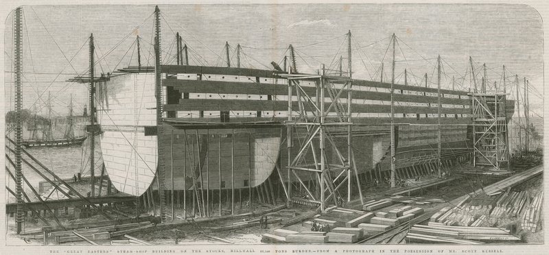 The Great Eastern Steamship; Building on the Stocks, Millwall by English School