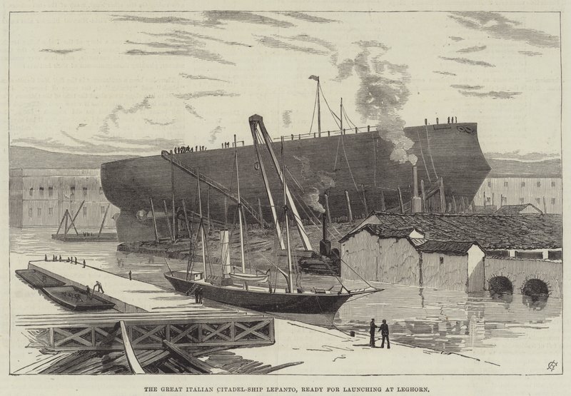 The Great Italian Citadel-Ship Lepanto, Ready for Launching at Leghorn (engraving) by English School