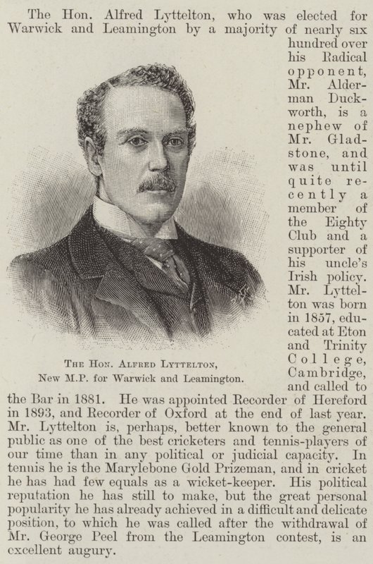 The Honourable Alfred Lyttelton, New MP for Warwick and Leamington by English School