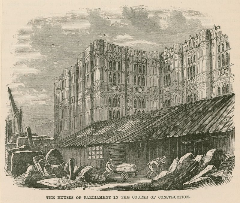 The Houses of Parliament in the Course of Construction by English School