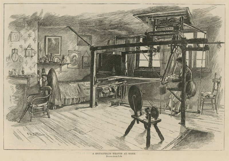 The Huguenots in England: A Spitalfields weaver at work by English School