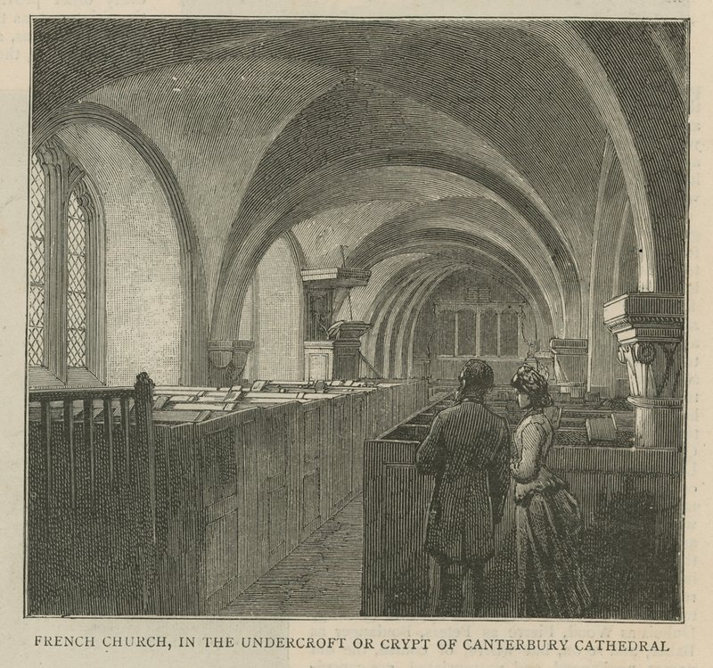 The Huguenots in England: French church in the undercroft or crypt of Canterbury Cathedral by English School