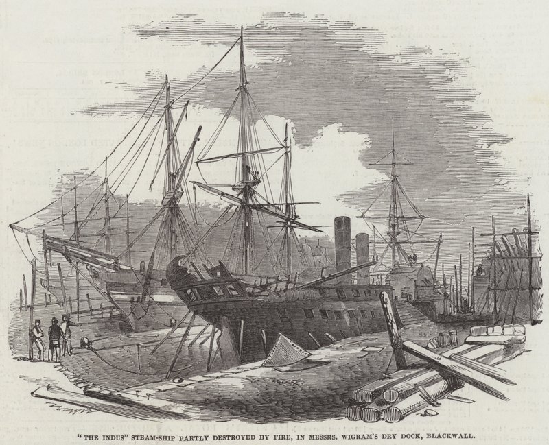 "The Indus" Steam-Ship partly destroyed by Fire, in Messers Wigram