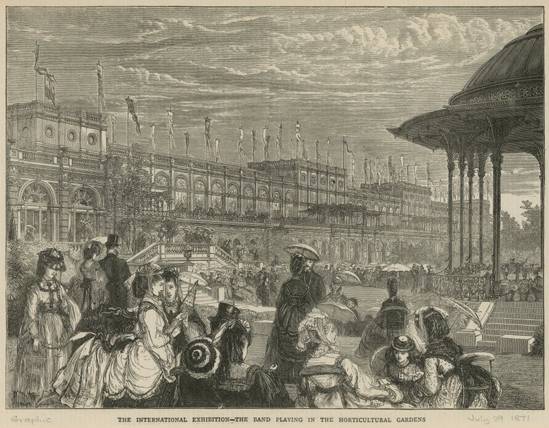 The International Exhibition: The Band Playing in the Horticultural Gardens by English School