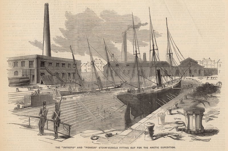 The Intrepid and Pioneer Steam Vessels Fitting Out for the Arctic Expedition by English School