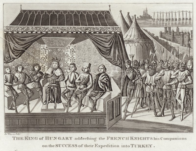 The King of Hungary addressing the French Knights his Companions on the Success of their Expedition into Turkey by English School