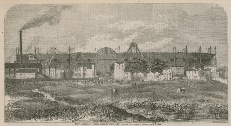 The Leviathan (Great Eastern) steam ship, sketched from the Isle of Dogs, October 1857 by English School