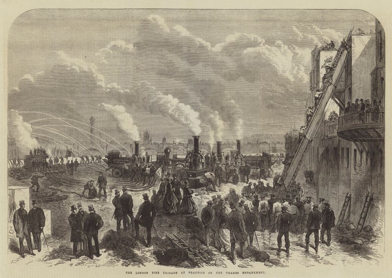 The London Fire Brigade at Practice on the Thames Embankment by English School
