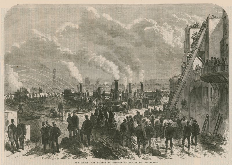The London Fire Brigade at practice on the Thames Embankment by English School