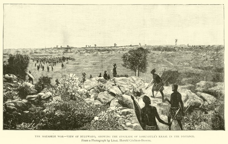 The Matabele War, view of Buluwayo, showing the stockade of Lobengula