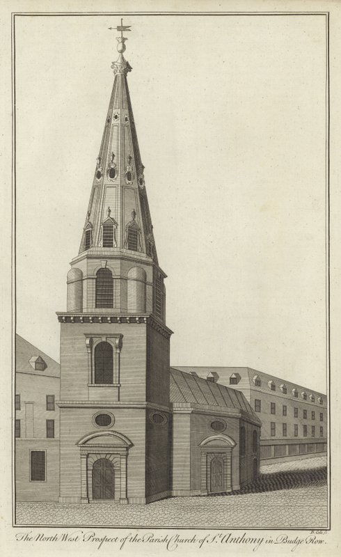 The North West Prospect of the Parish Church of St Anthony in Budge Row, London by English School