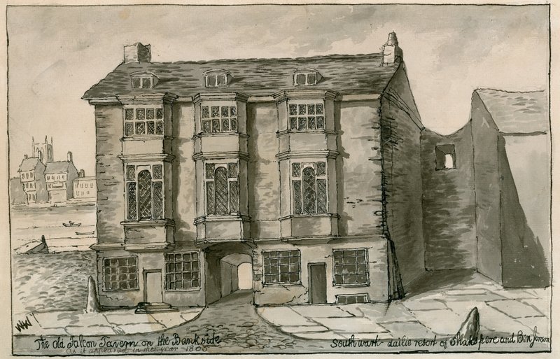 The Old Falcon Tavern on the Bankside, as it appeared in the year 1805 by English School