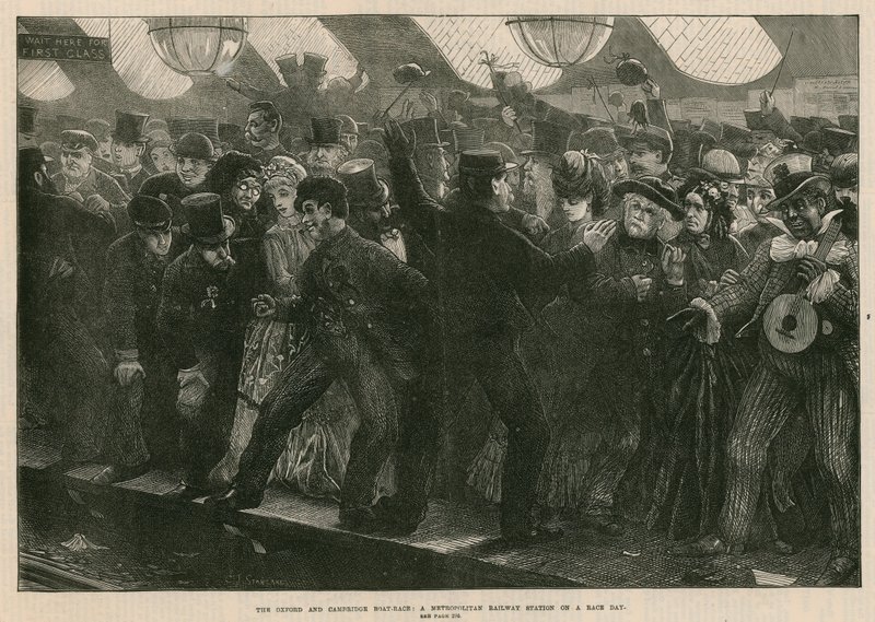 The Oxford and Cambridge boat-race: A metropolitan railway station on a race day by English School
