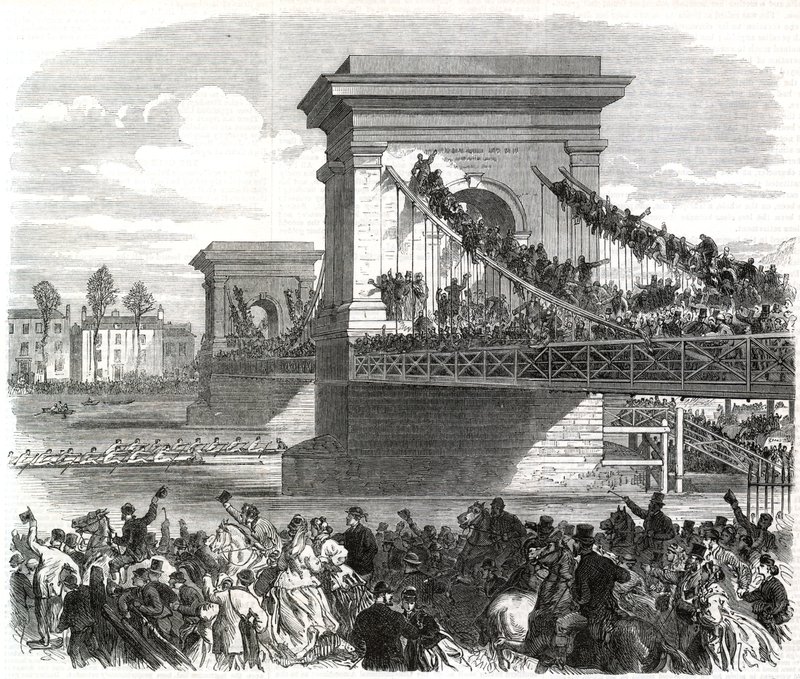 The Oxford and Cambridge Boat Race, Scene at Hammersmith Bridge by English School