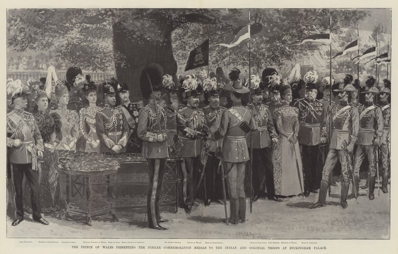 The Prince of Wales presenting the Jubilee Commemoration Medals to the Indian and Colonial Troops at Buckingham Palace by English School