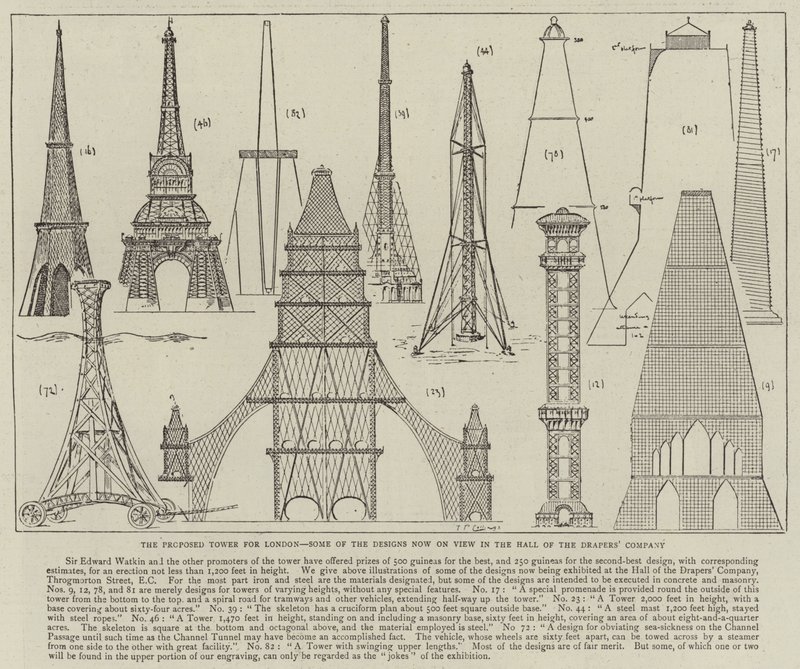 The Proposed Tower for London, some of the Designs now on View in the Hall of the Drapers