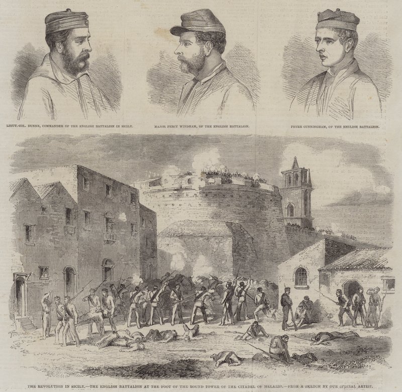 The Revolution in Sicily, the English Battalion at the Foot of the Round Tower of the Citadel of Melazzo by English School