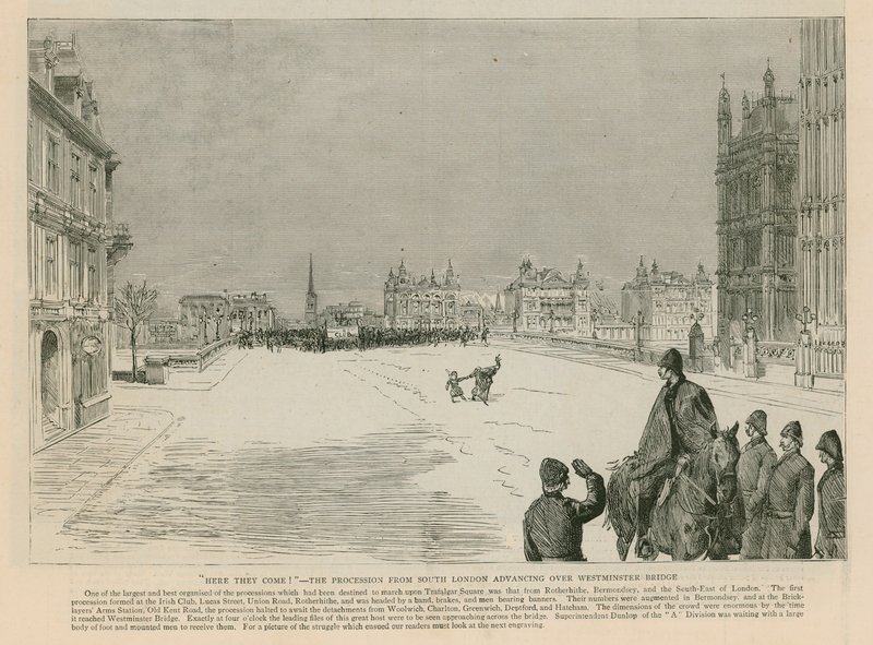 The Riot in Trafalgar Square: Here They Come - The Procession from South London Advancing Over Westminster Bridge by English School