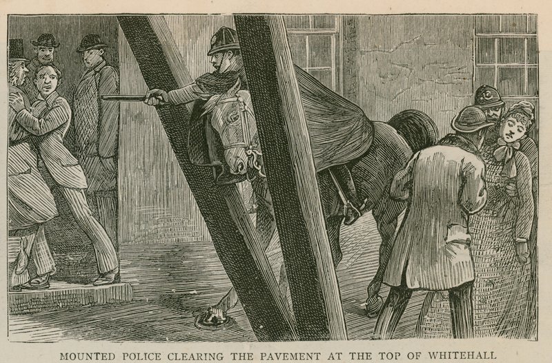 The Riot in Trafalgar Square: Mounted Police Clearing the Pavement at the Top of Whitehall by English School