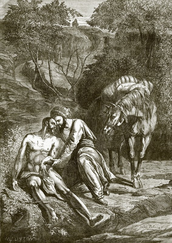The Samaritan and the wounded man at the wayside by English School