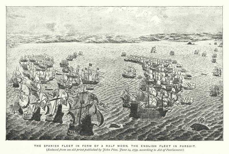 The Spanish fleet in form of a half moon, the English fleet in pursuit by English School