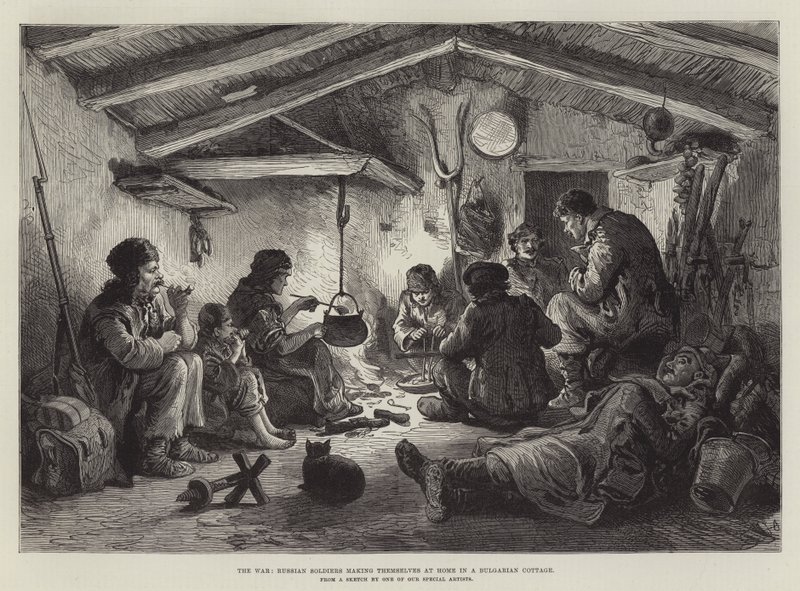 The War, Russian Soldiers Making Themselves at Home in a Bulgarian Cottage by English School