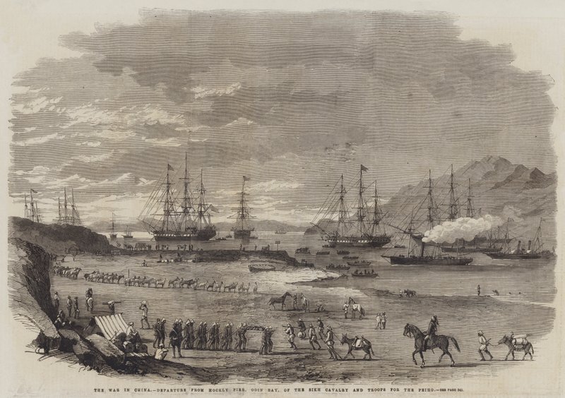 The War in China, Departure from Hockly Pier, Odin Bay, of the Sikh Cavalry and Troops for the Peiho by English School