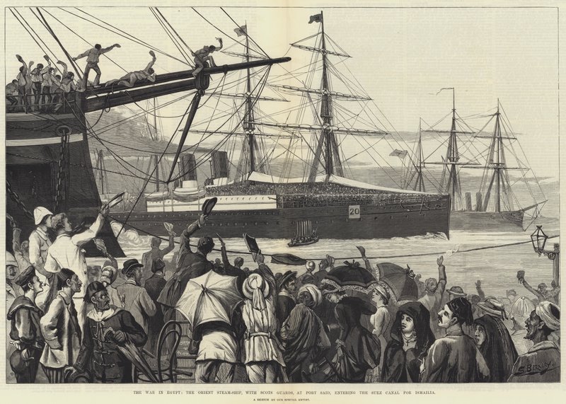 The War in Egypt, the Orient Steam-Ship, with Scots Guards, at Port Said, entering the Suez Canal for Ismailia by English School
