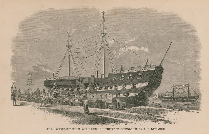 The Warrior hulk with the Sulphur washing ship in the distance by English School