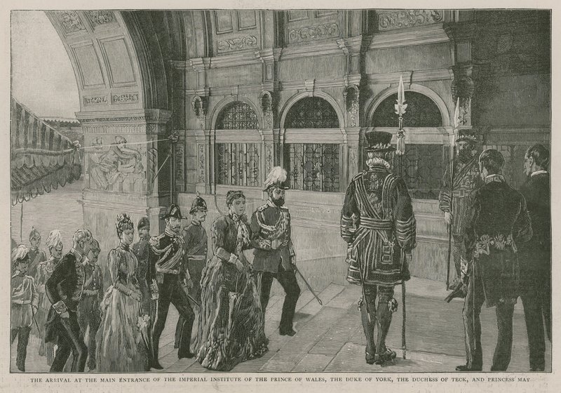 The arrival at the main entrance of the Imperial Institute of the Prince of Wales, the Duke of York, the Duchess of Teck, and Princess May by English School