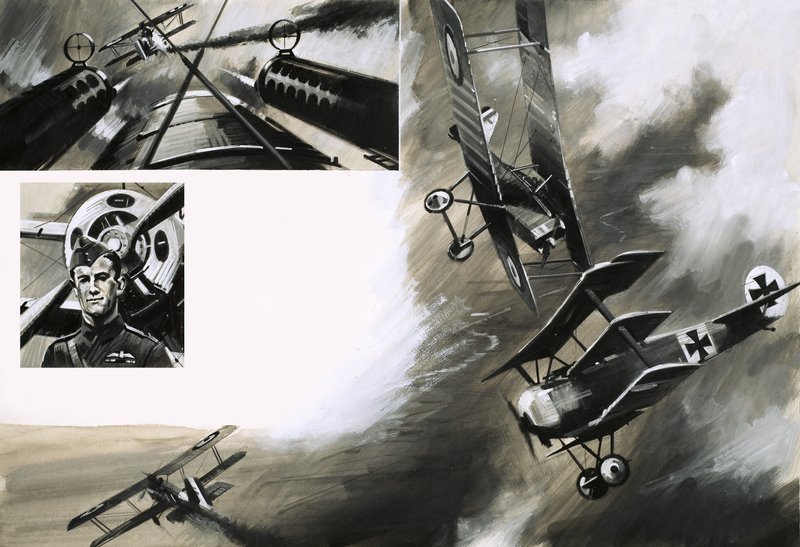 The Battle Between British SE5s and Werner Voss in his Fokker Triplane by English School
