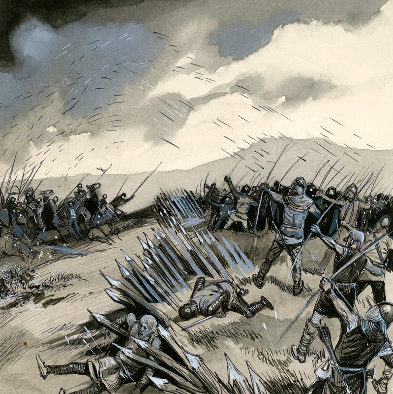The battle of Crecy, where English archers destroyed the French cavalry by English School
