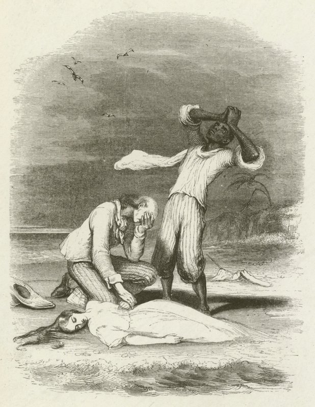 The body of Virginia found in the sand by English School