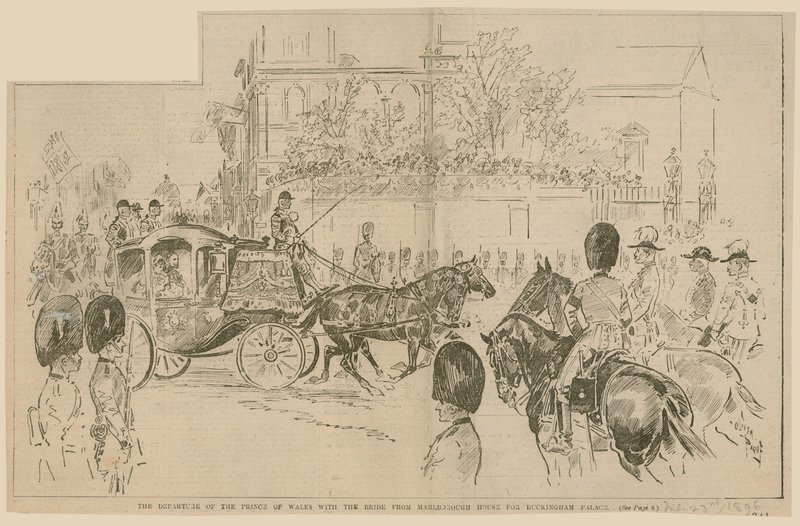 The departure of the Prince of Wales with the bride from Marlborough House for Buckingham Palace, 23 July 1896 by English School
