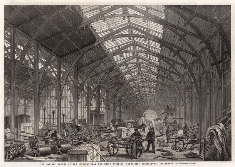 The eastern annexe of the International Exhibition Building containing agricultural implements by English School