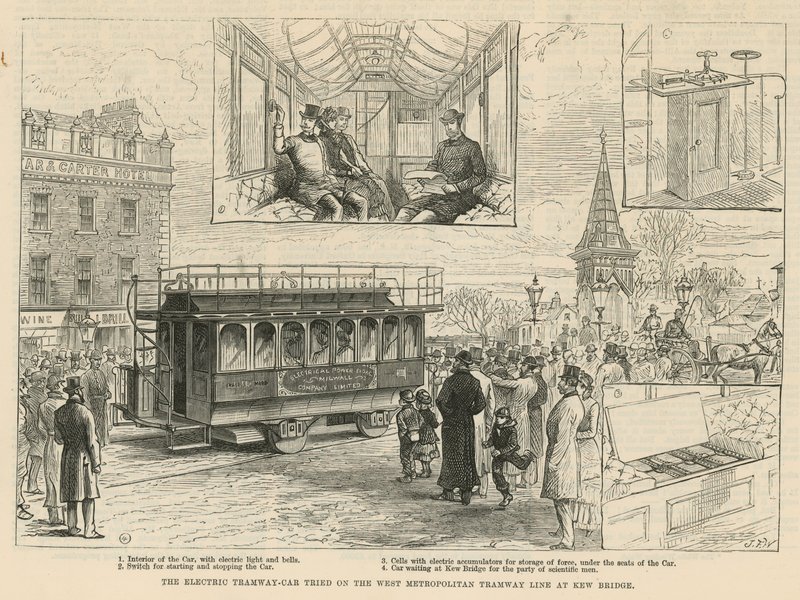 The Electric Tramway-Car Tried on the West Metropolitan Tramway Line at Kew Bridge by English School