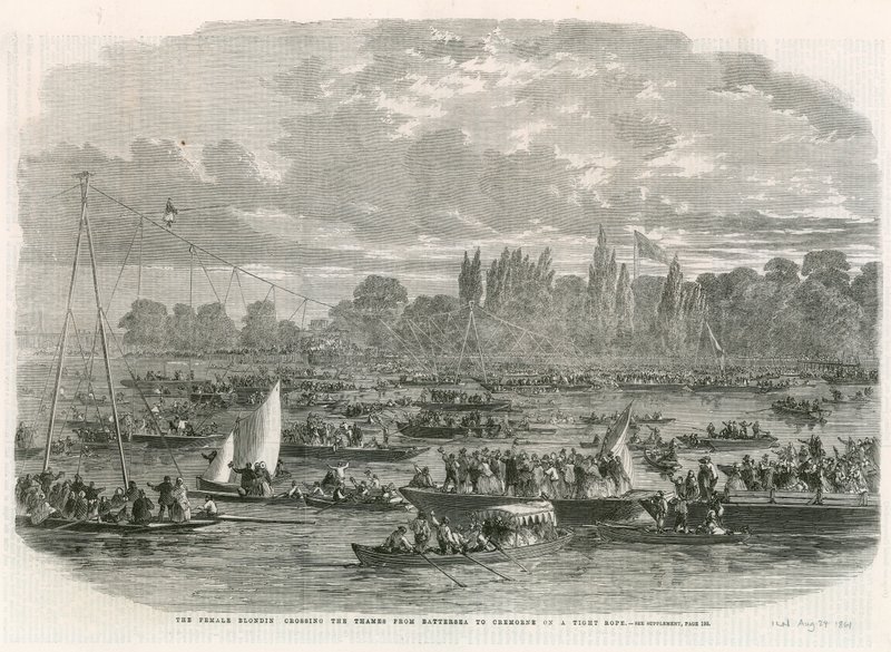 The Female Blondin Crossing the Thames from Battersea to Cremorne on a Tight Rope by English School