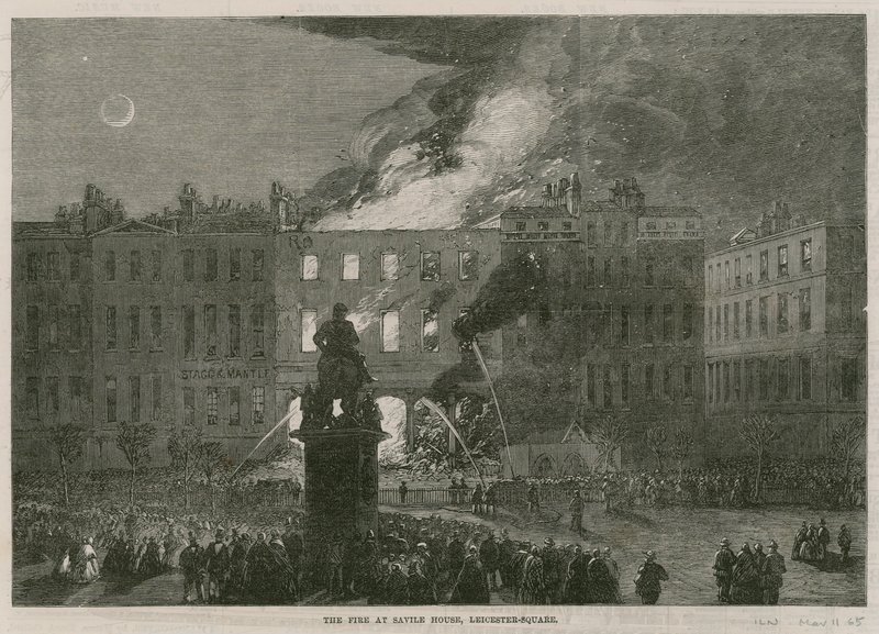 The fire at Savile House, Leicester Square, London by English School