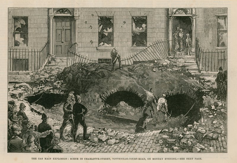 The Gas Main Explosion: Scene in Charlotte Street, Tottenham Court Road, on Monday Evening by English School