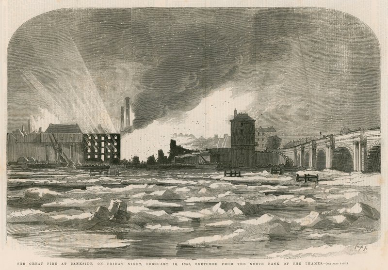 The Great Fire at Bankside on Friday Night, 14 February 1855, Sketched from the North Bank of the Thames by English School
