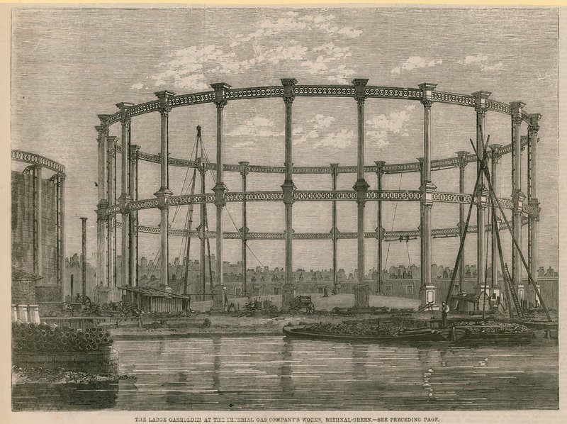 The large gasholder at the Imperial Gas Companys works, Bethnal Green, London by English School
