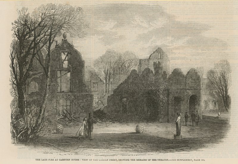 The late fire at Campden House: view of the garden front showing the remains of the theatre by English School