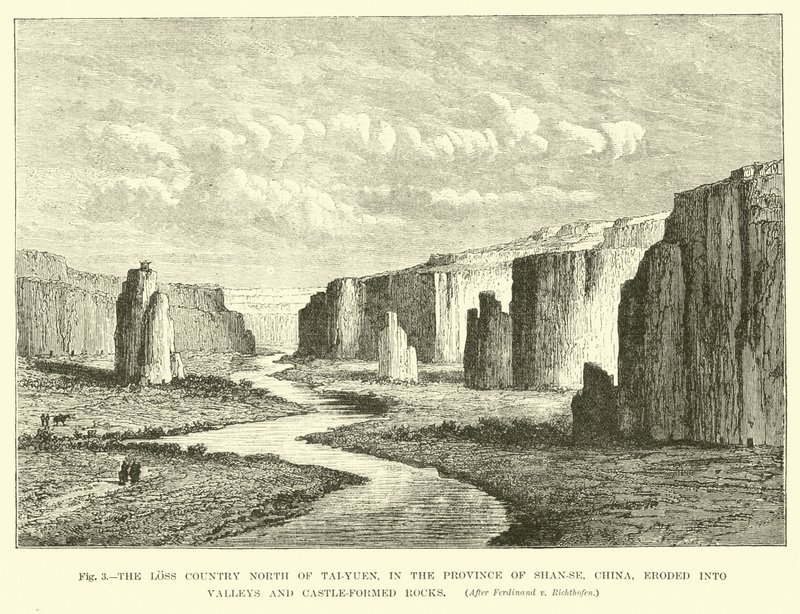 The loss country north of Tai-Yuen, in the province of Shan-se, China, eroded into valleys and castle-formed rocks by English School