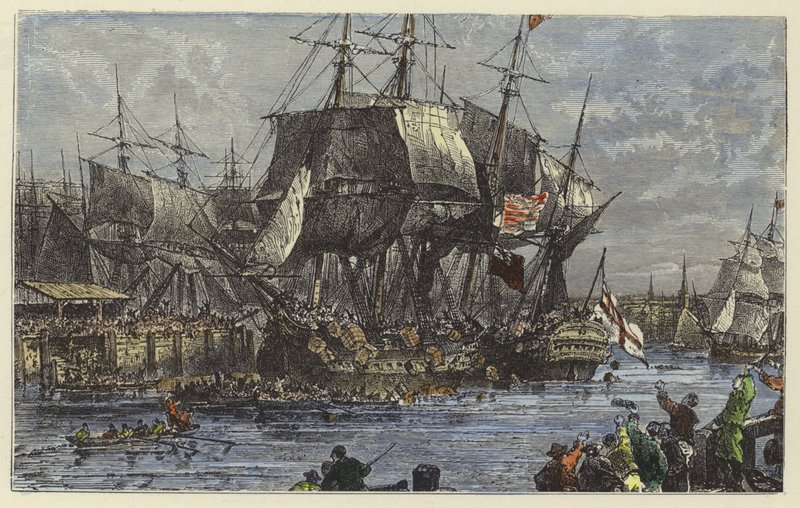 The people of Boston throwing the tea overboard by English School
