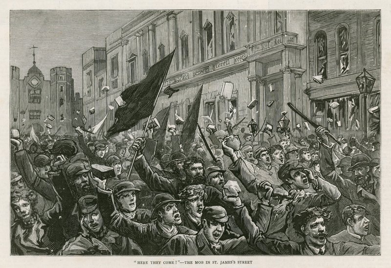 The Rioting in the West End of London, 8 February 1886: Here They Come! - The Mob in St Jamess Street, London by English School